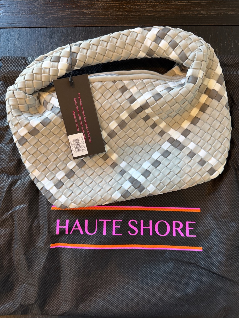 HAUTE SHORE Woven Shoulder Bag in Light Gray and Cream